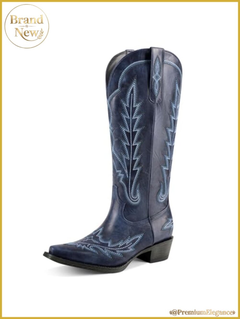 Western Knee High Cowgirl Boots Wide Calf Chunky Heel Embroidery Pull On